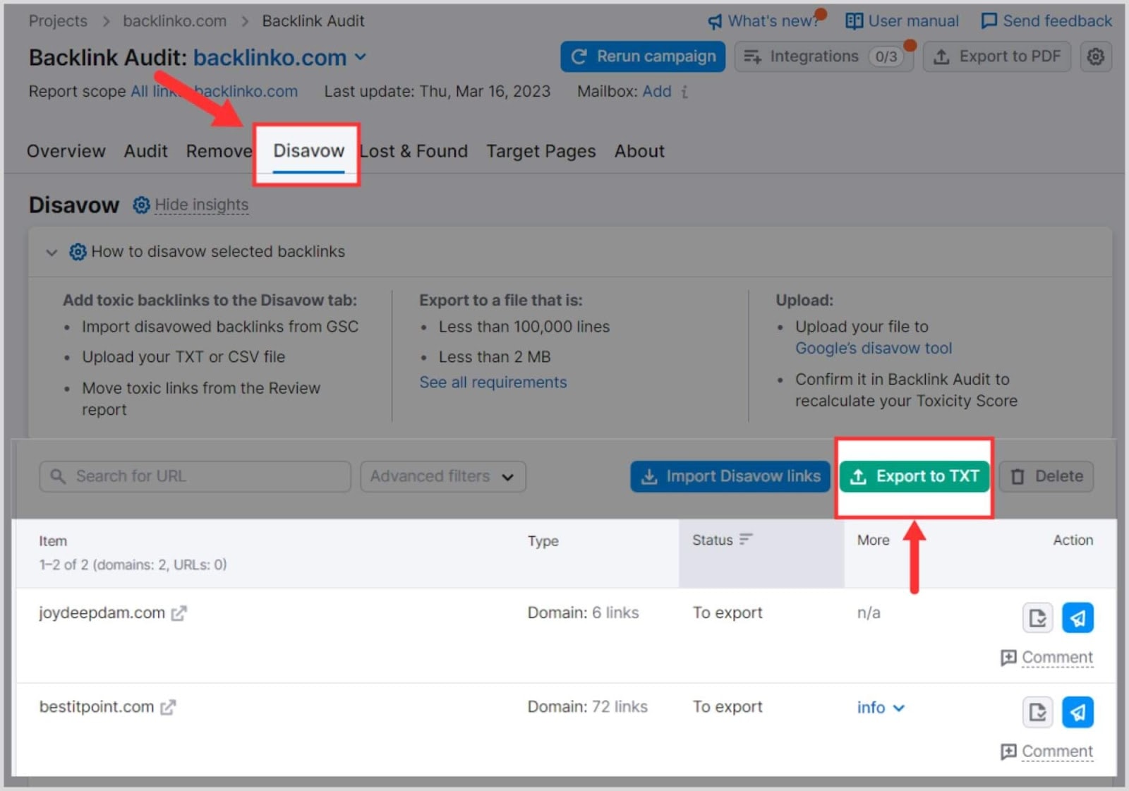 Semrush BA – Image 24 Export the Disavow list to Google Search Console