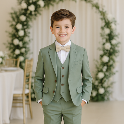 Costume enfant vert sauge : la tendance chic des mariages estivaux 2025