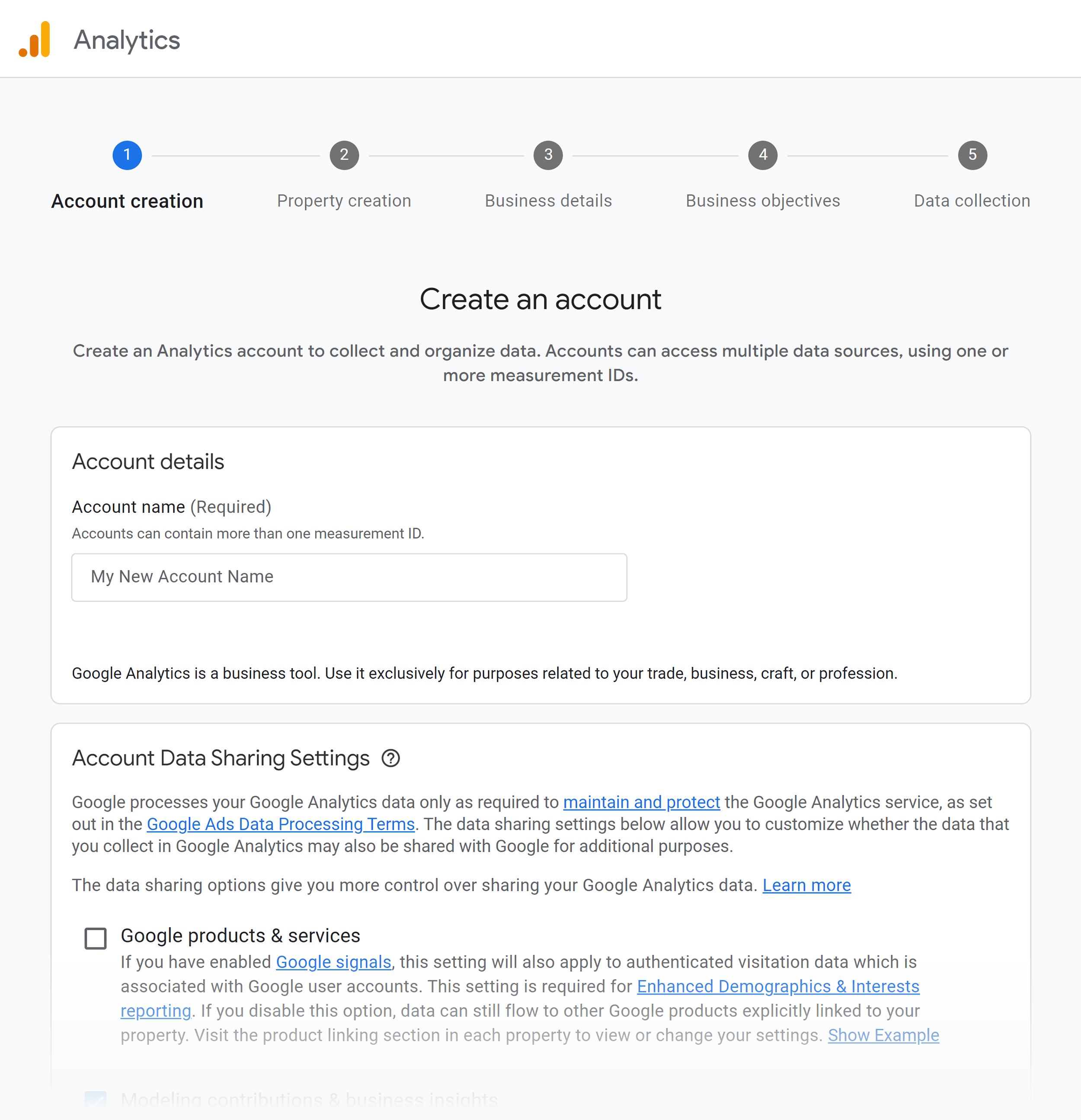 Analytics – Account creation Analytics – Account creation