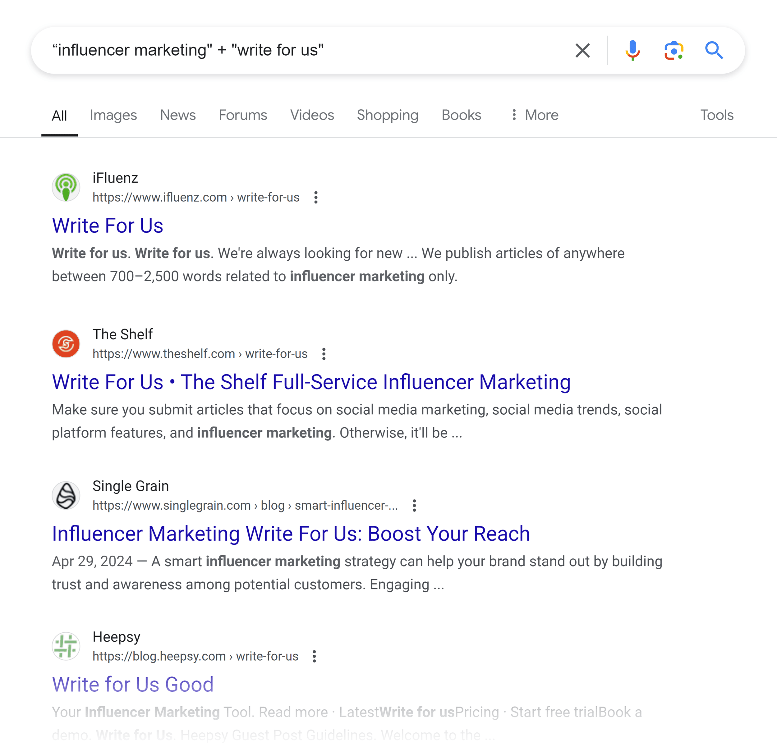 Google SERP – “influencer marketing” + “write for us” Google SERP – "influencer marketing" + "write for us"
