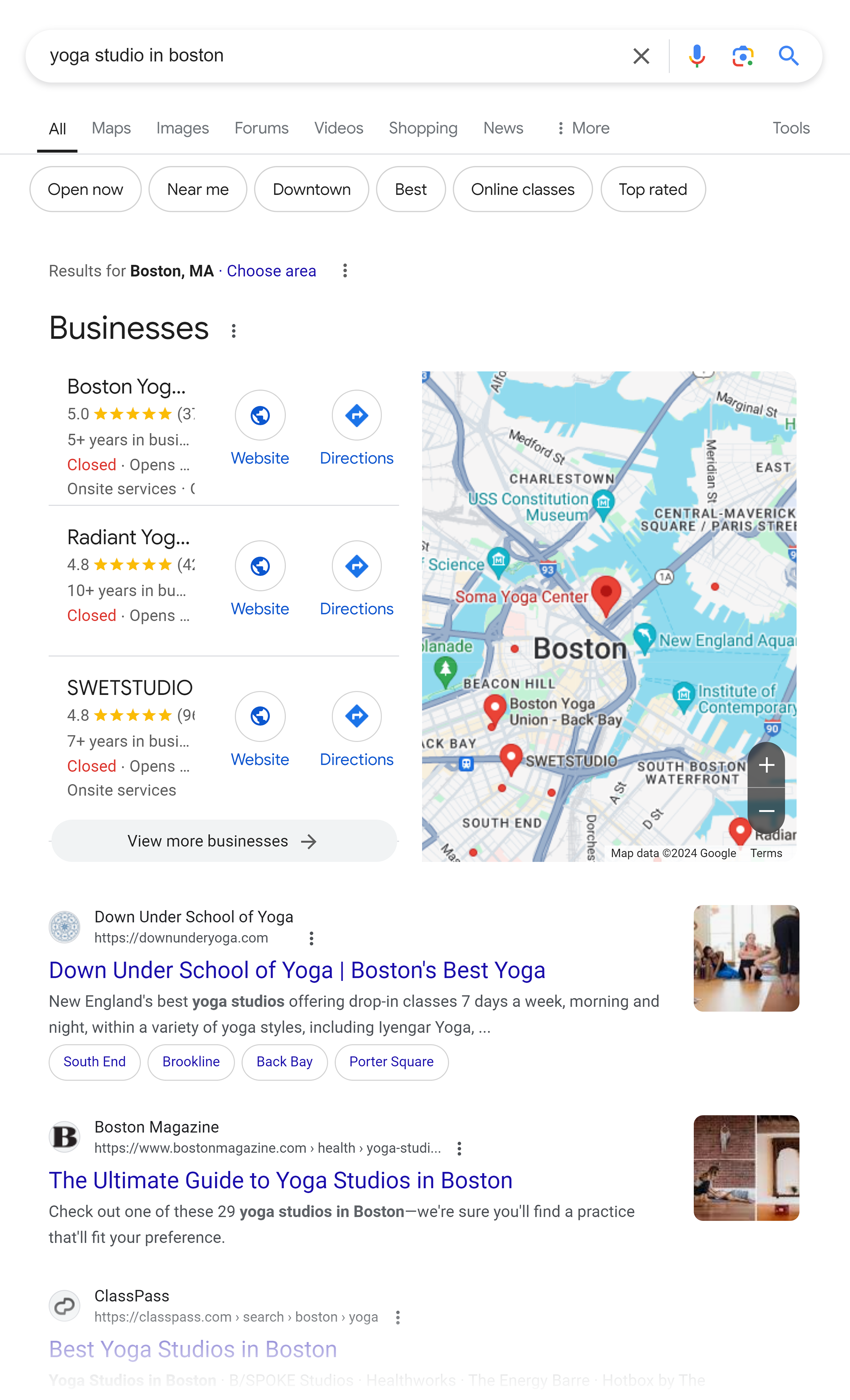 Google SERP – Yoga studio in Boston Google SERP – Yoga studio in Boston