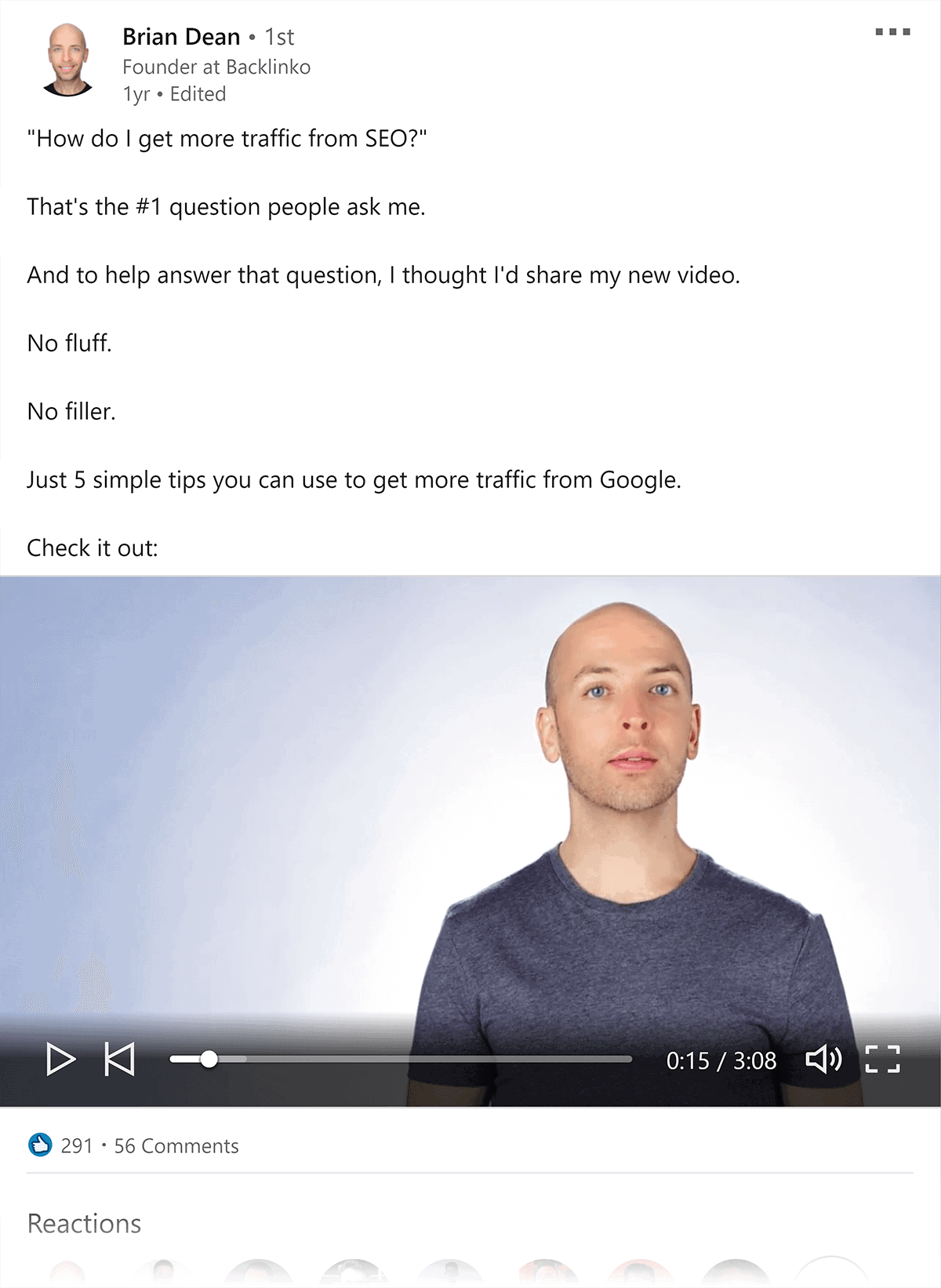LinkedIn post with video snippet LinkedIn post with video snippet